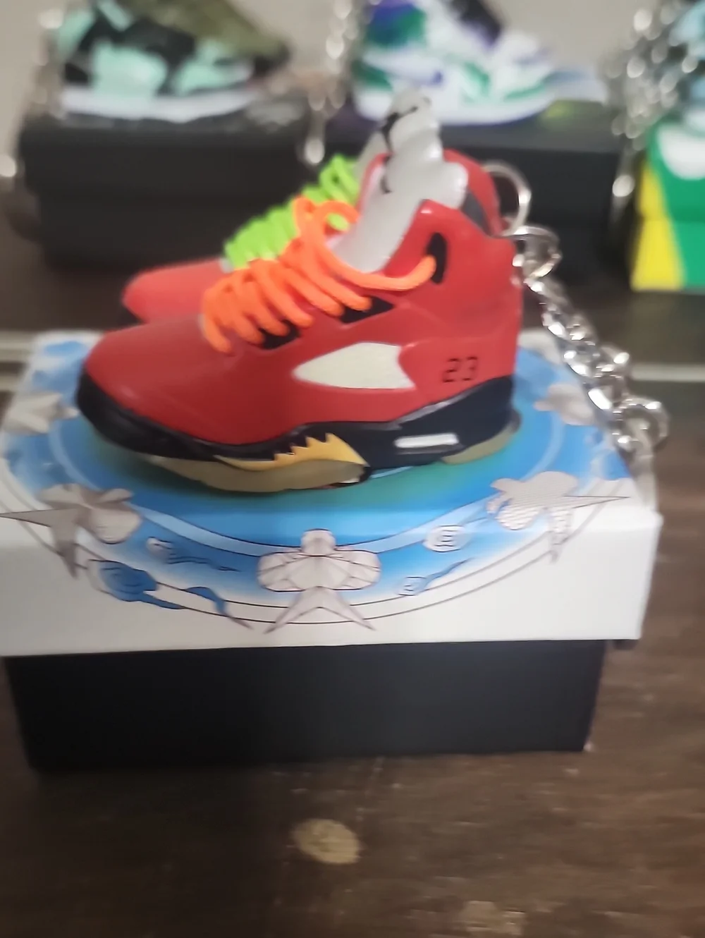 Jordan 5 Mini Sneskers Red Sneaker Keychain with Neon Laces - Unbranded